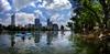 	Downtown Skyline over Lady Bird Lake Kayakers and Dogs - Auditorium Shores - Austin - Texas